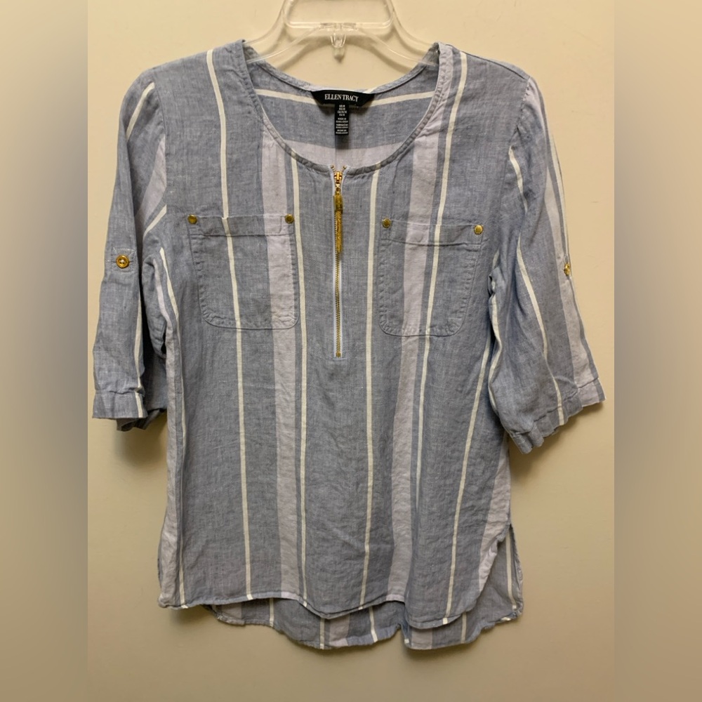 ELLEN TRACY 100% LinenBlue Striped Top